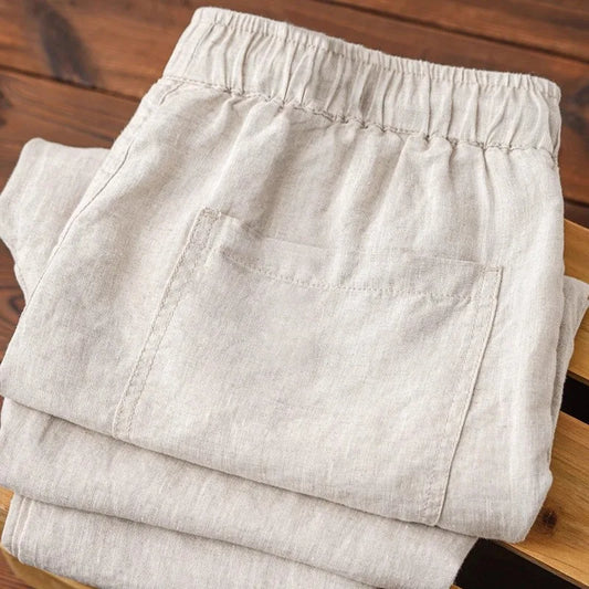 Men's Linen Pants Solid Color Breathable Lightweight Streetwear Drawstring Cool Absorb Sweat Loose Beach Casual Ninth Pants