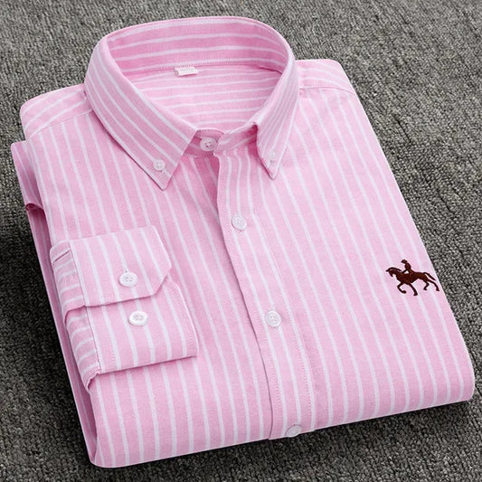 Men Cotton Oxford Long Sleeve Embroidery Horse Design Regular Fit Dress Shirt