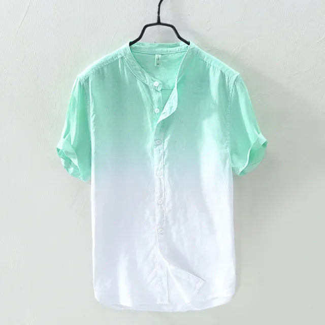Short-sleeved shirt 100% linen cool breathable comfortable healthy material gradient blue Hawaiian beach men's cardigan shirt