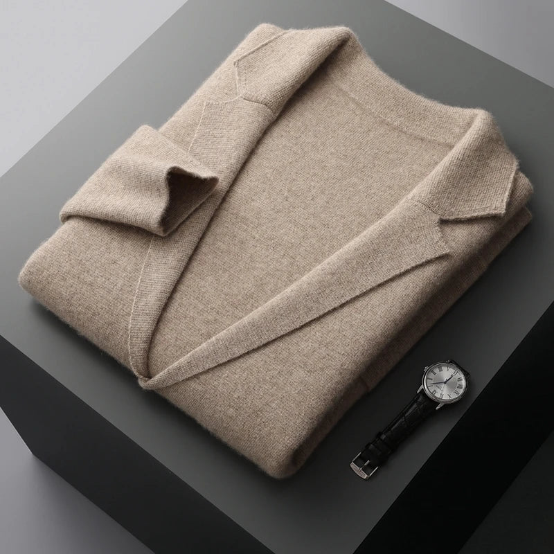 Autumn Winter New 100% Merino Wool Men's Suit Collar Knitted Cardigan Thickened Solid Color Suit Shirt Cashmere Sweater Jacket
