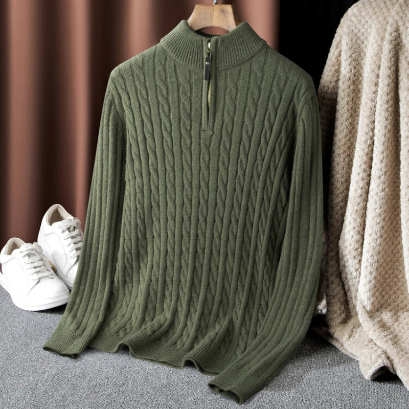 Boutique Men's Solid Color Turtleneck Top Autumn and Winter Thermal Zipper Pullover Sweater Stretch Sweater