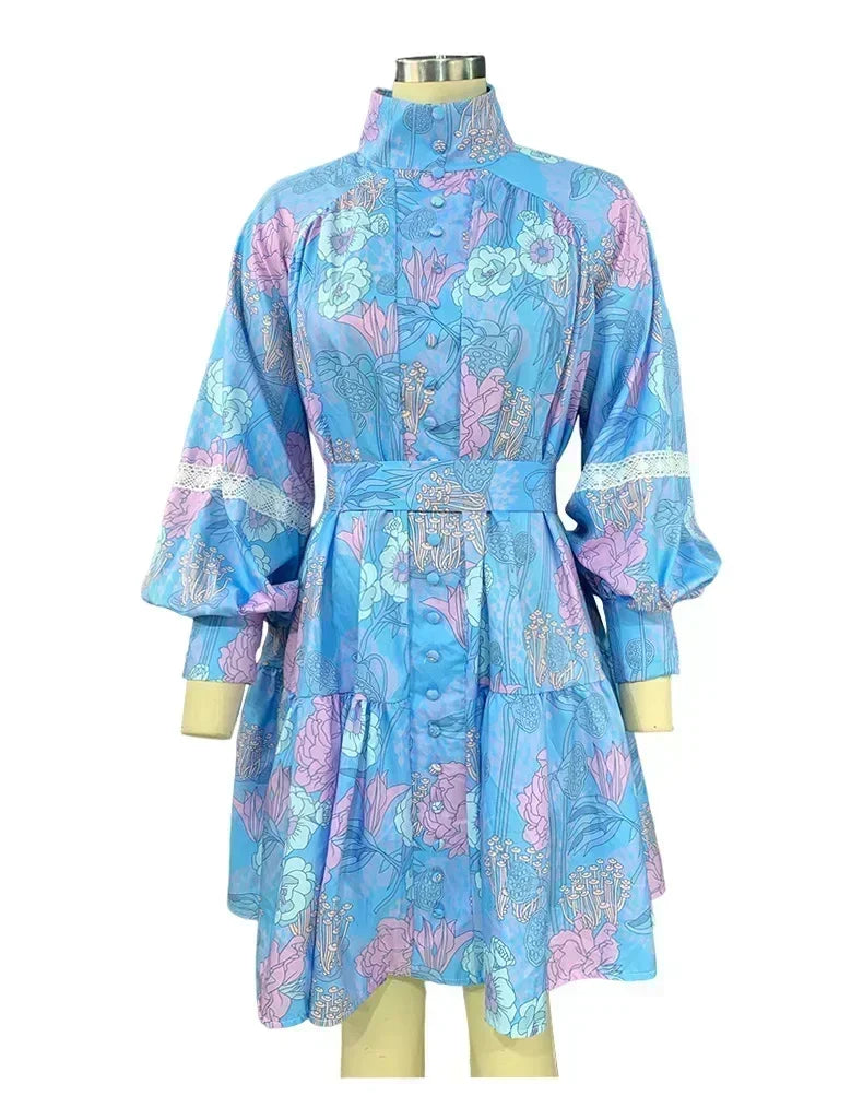 Women Lantern Sleeve Party Dress High-Waist Floral Print Fashion Elegant Large Swing A-Line Mini Dress Lace Holidy Short Dresse