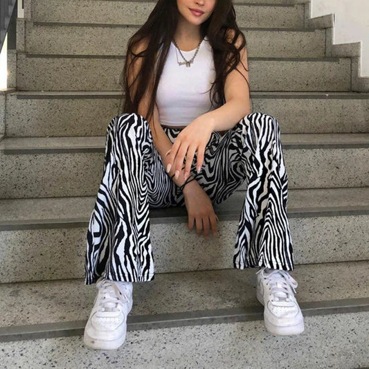 2024 Summer Zebra Print Wide Leg Pants Y2K Trousers Sexy High Waist Women New Fashion Casual Female Stripe Streetwear 16395