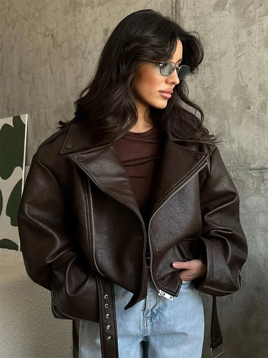 Brown Lapel Leather Bomber Jacket Women's Fashion Full Sleeve Zipper Pocket Lace Up Belt Coat 2025 Autumn High Street Outerwear