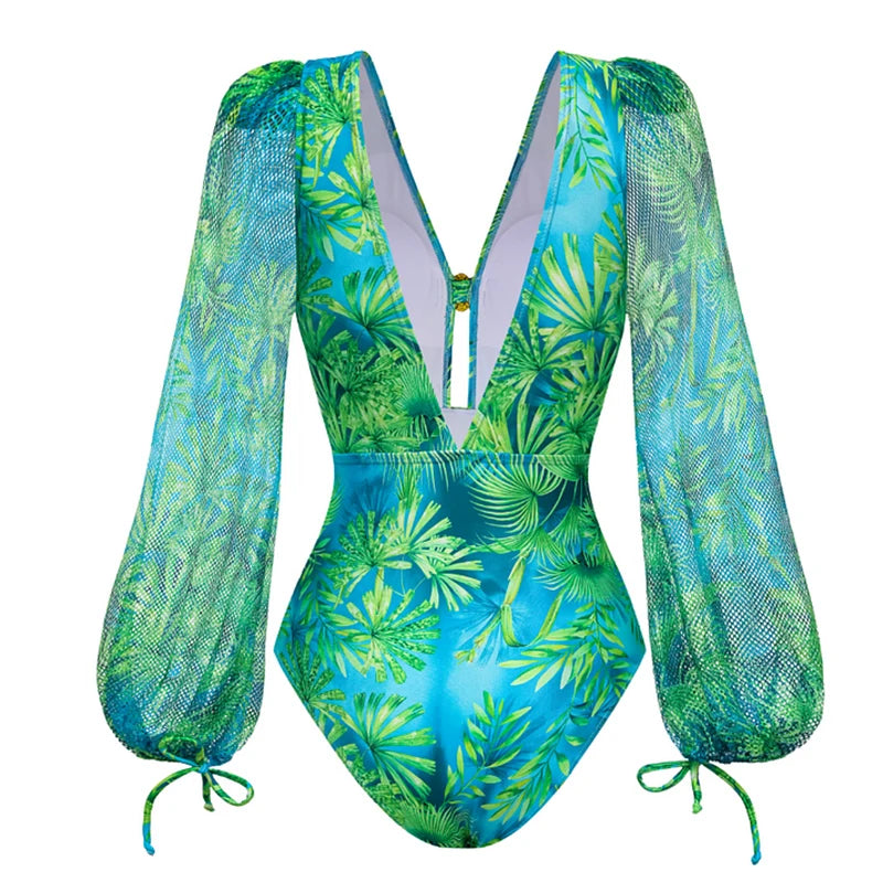 Flaxmaker Women Sexy Deep V Neck Long-sleeved Jungle Green Print One Piece Swimsuit And Skirt Summer Bathing Suit Monokini