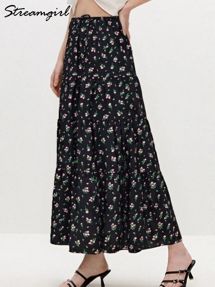 Women Floral Skirts Long Summer Cotton Tie Up Elastic Waist Loose Patchwork Maxi Skirt Flowers Spring Long Skirts For Women