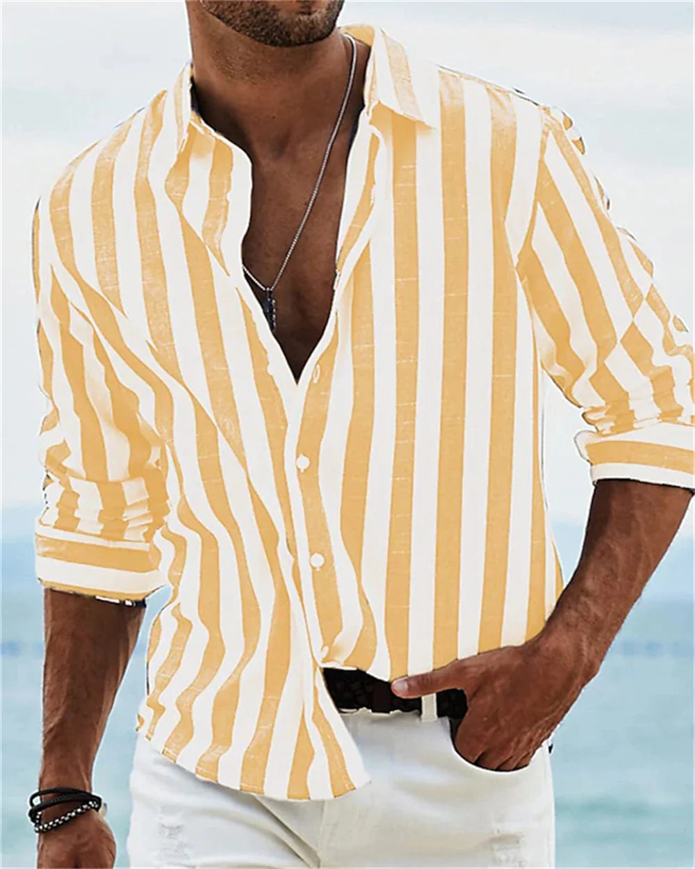 Men's Long sleeved Blue Stripe Printed Shirt Social Luxury Men's Wear Hawaii Elegant Classic Fashion Solid Color