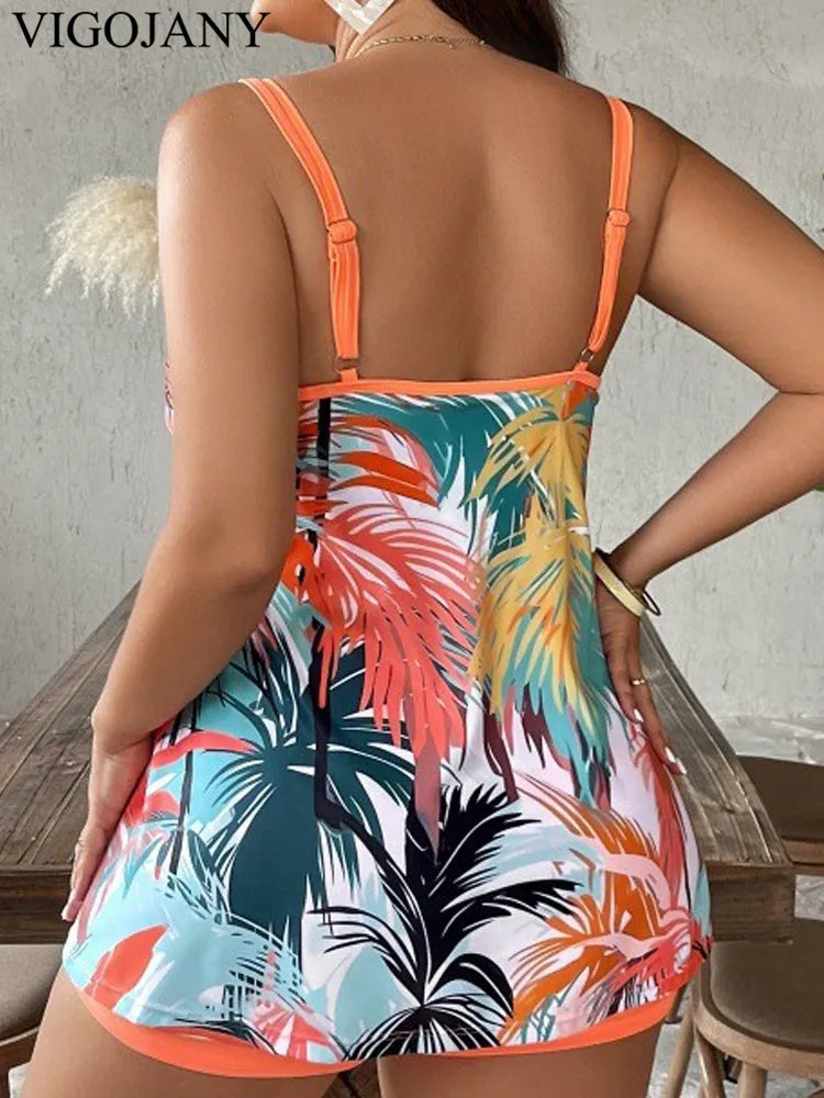 VigoJany 2025 Sexy Print 2 Piece Plus Size Tankini Women Strapped Hollow Curvy Swimsuit Brazilian Beach Lady Big Bathing Suit