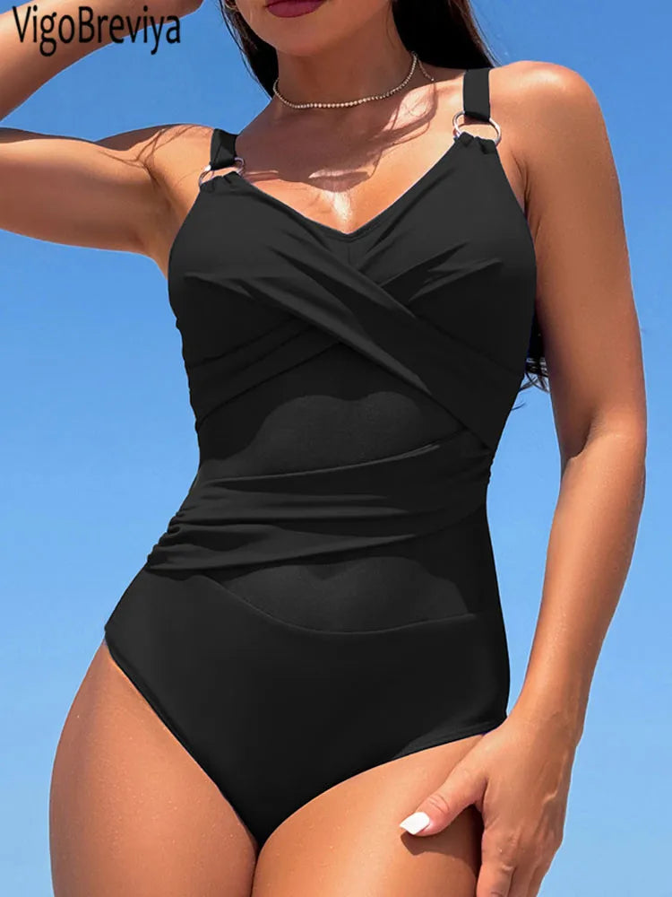 VigoBeviya 2025 Mesh Patchwork Swimwear Women Solid Strapped One Piece Swimsuit Sexy Push UP Monokini Summer Beach Bathing Suit