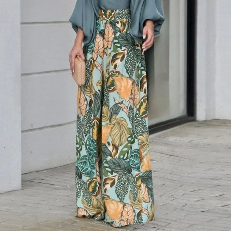 Women's Clothing Set Lantern Sleeves Loose Top Printed Wide Leg Pants Two Piece Set