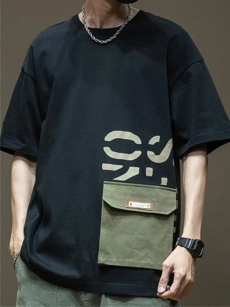 2025 New Letter Printed Short Sleeve Pocket T-shirt For Men Casual Cotton O-Neck Tshirt Y2K Streetwear Oversized Tee Shirts