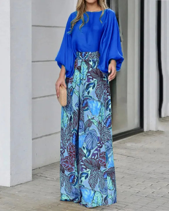 Women's Clothing Set Lantern Sleeves Loose Top Printed Wide Leg Pants Two Piece Set