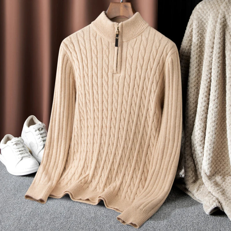 Boutique Men's Solid Color Turtleneck Top Autumn and Winter Thermal Zipper Pullover Sweater Stretch Sweater