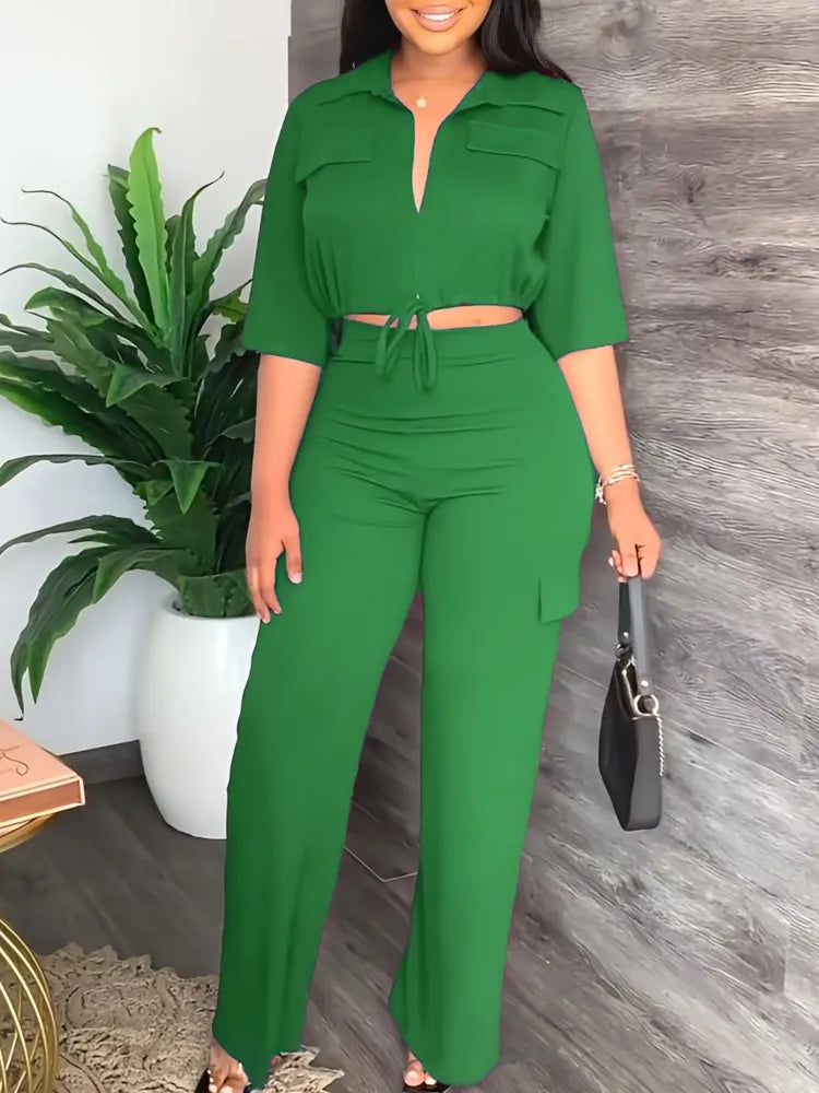 Elegant Office Women Two Piece Short Shirt + Wide Leg Trousers Set