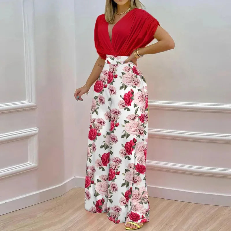 Summer New Printed Pants Sets Women Fashion Raglan Sleeves V-neck Cropped Top High Waist Wide Legs Trousers Two Piece Set Female