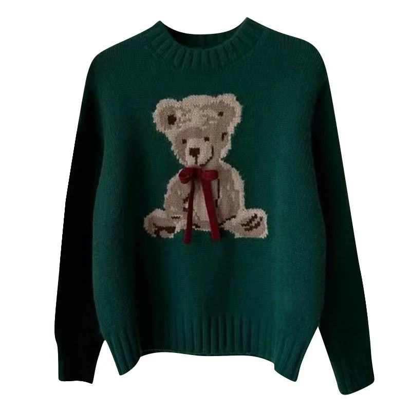 Christmas Sweet Style Knitting Long Sleeve Casual Pullovers 2025 Winter Women Lovely Jumpers Bow Round Neck Ladies Red Sweater