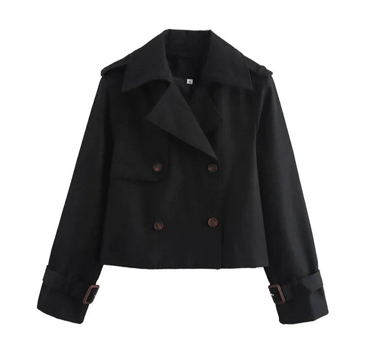 Women Vintage Casual Chic Solid Double Breasted Turn-down Collar Long Sleeve Short Coat Jackets