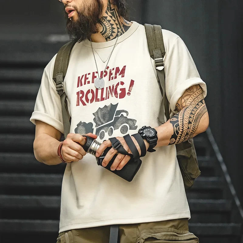 Maden Maden Summer Men's Beige Short Sleeve T-Shirts Vintage Graffiti Letter Car Print Tees Heavyweight Casual Tops for Men