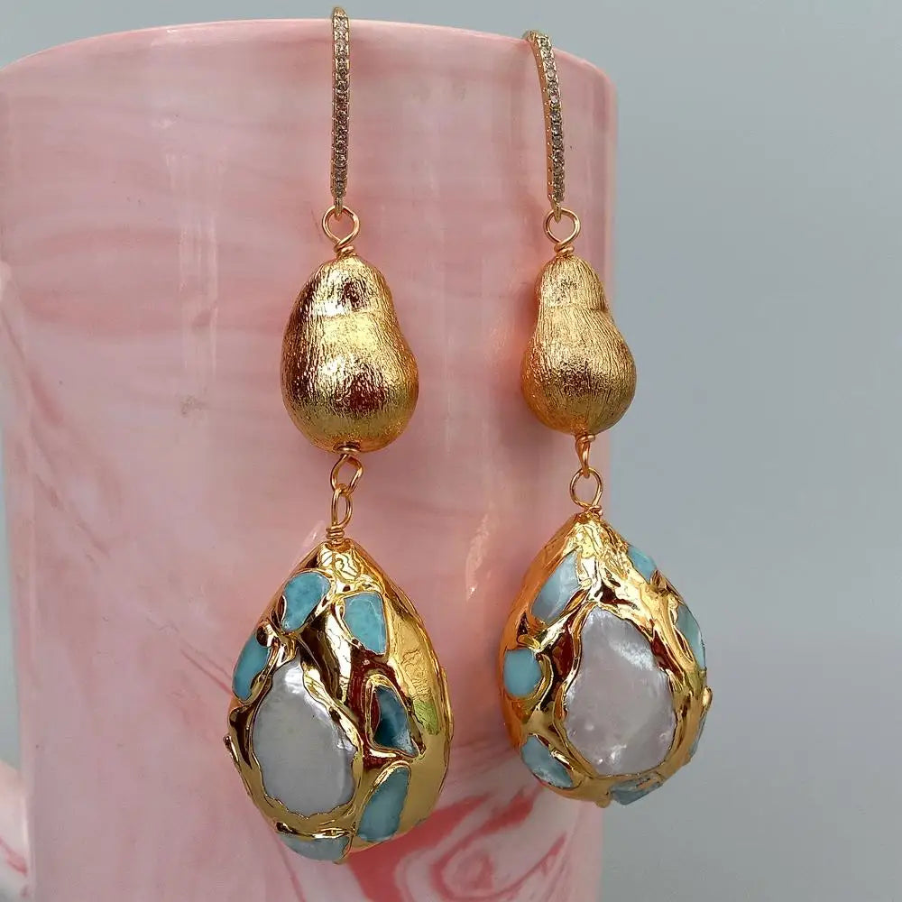 YYGEM natural Blue larimar Pave Cultured White Pearl Teardrop Shape Brushed Bead Dangle Hook Earrings