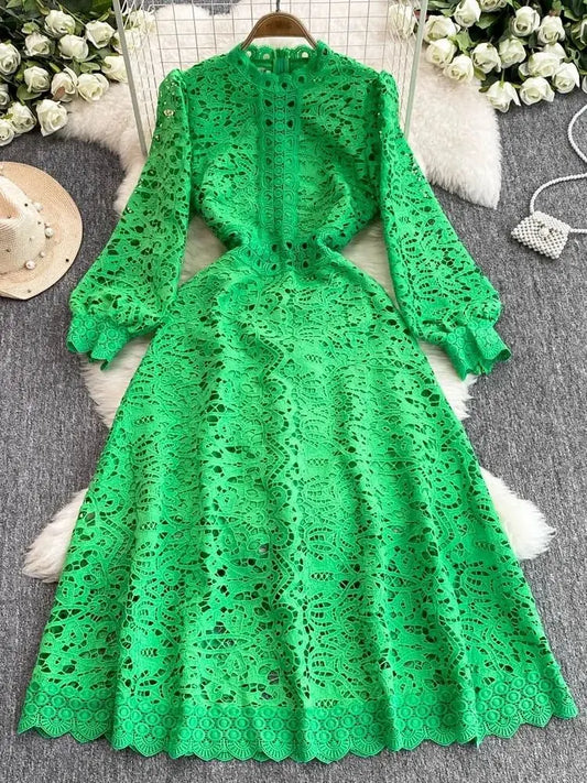 Autumn Vintage Embroidery Hollow Out Dresses Women's Stand Collar Long Sleeve Solid High Waist Elegant Wedding Party Vestidos