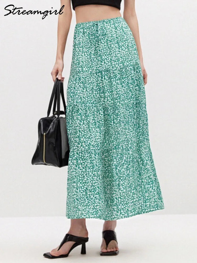 Brown Long Skirt Women Summer Cotton Ruffle Floral Skirt Woman Luxury Green Tie Up Loose White Women Long Skirts High Waisted