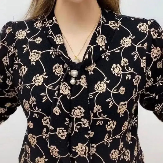 Female Clothing Wave Printed V-Neck Shirt Bandage Spring Autumn New Diamonds Chic Pearl Three-dimensional Decoration Blouse 2025