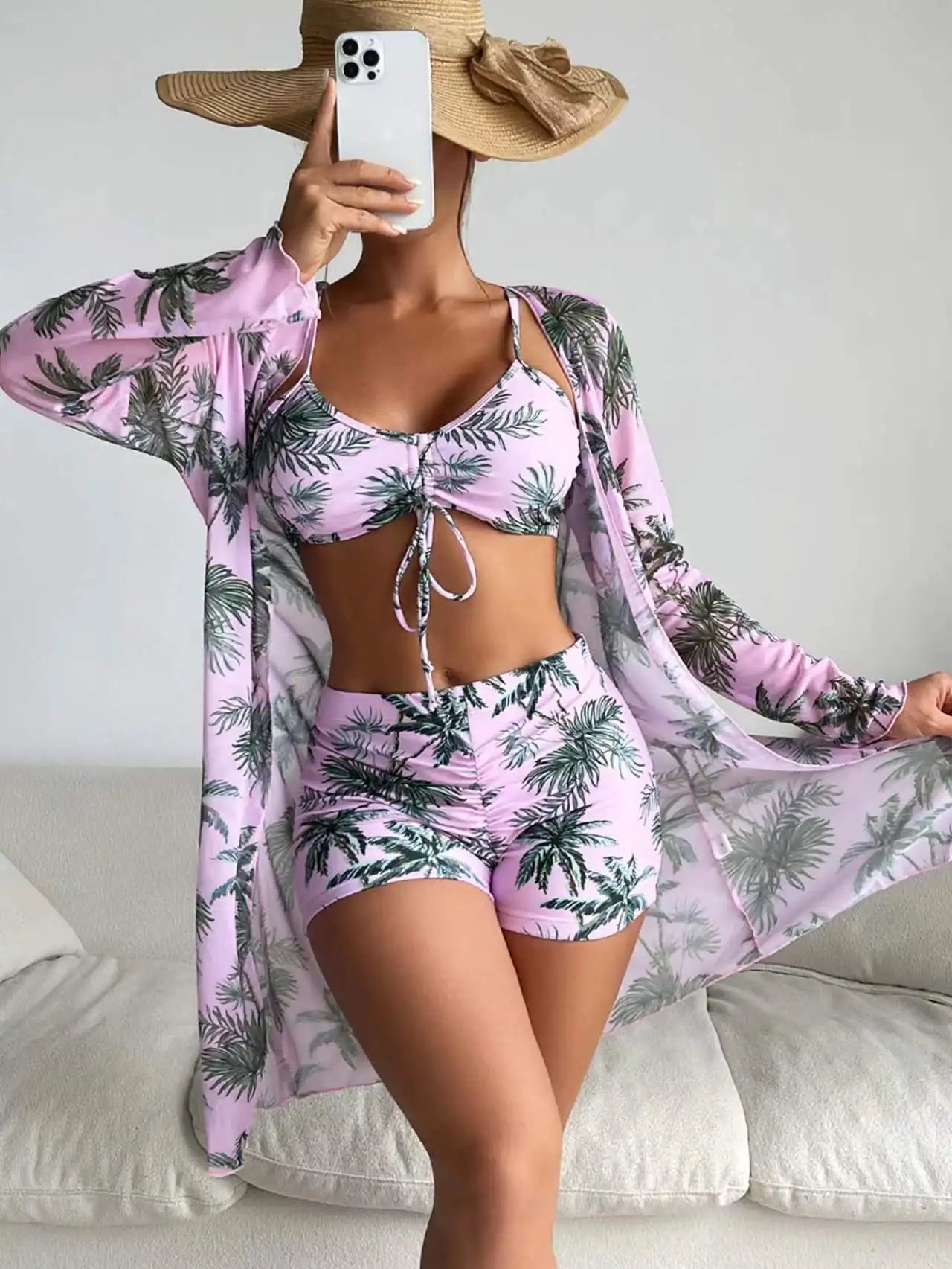 Summer Print Swimsuits Tankini Sets Female Swimwear Push Up For Beach Wear Three-Piece Bathing Suits Pool Women's Swimming Suit