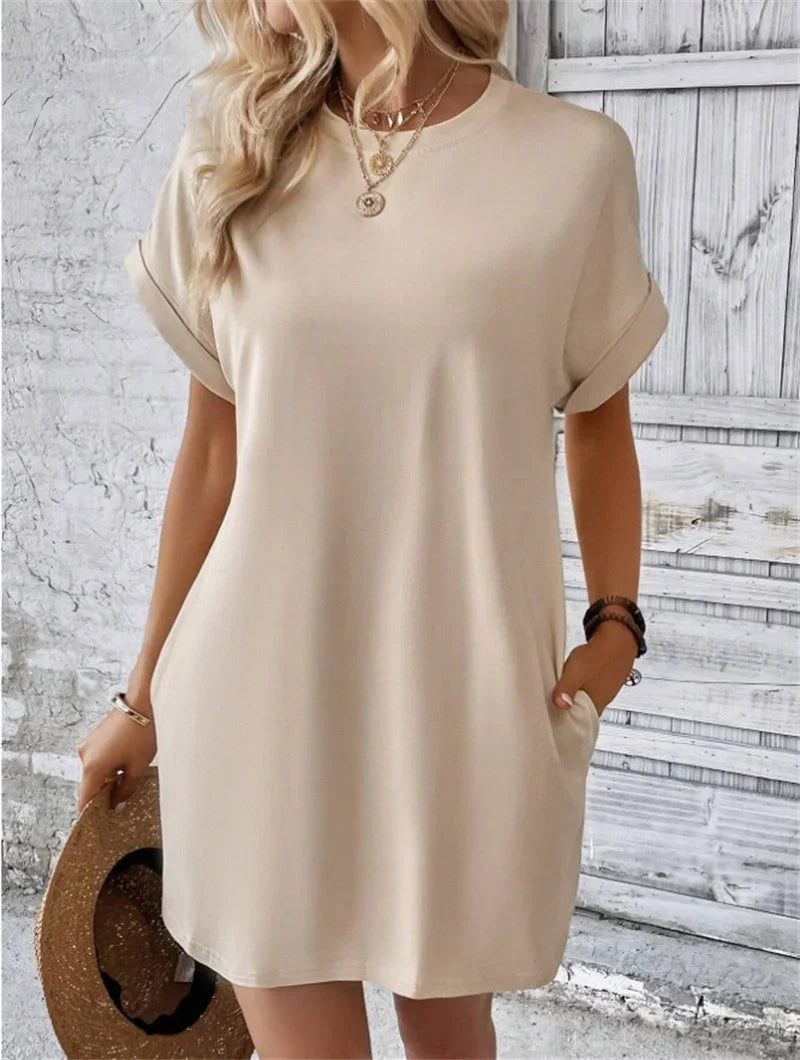 Fashion Solid Color Side Pocket Dresses Women Korean O Neck Pullover Dress Summer Female Comfortable Commuter Casual Short Gown
