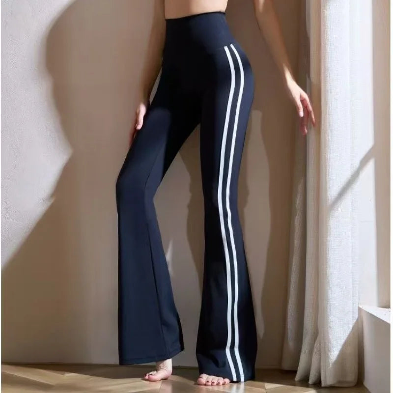Matching Sportswear New In Women's Flare Pants High Waist Yoga Pants Casual Basic Lady's Long Trousers Korean Chic Stripe Pants
