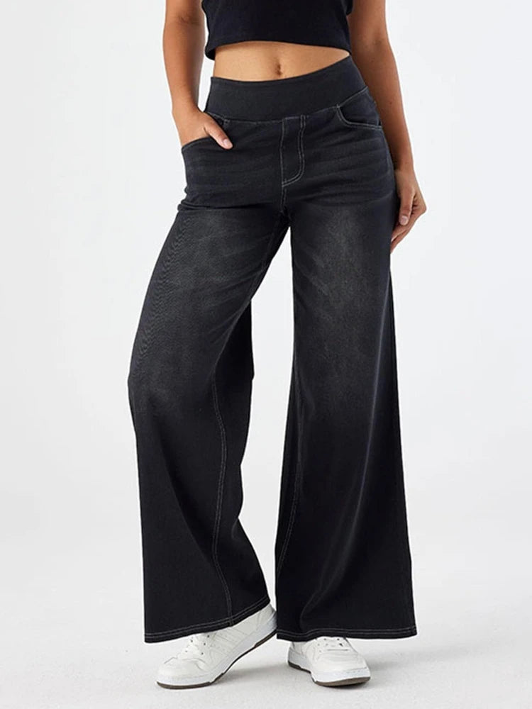 Women Jeans Denim Pant Wide Leg Streetwear Elastic Waist Straight Trousers
