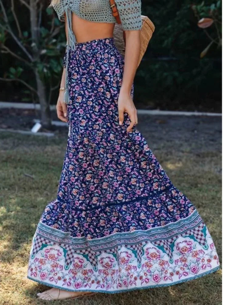 Vintage Floral Print Beach Boho Pleated Skirt For Women 2025 Summer Fashion Cotton High-waisted Maxi Skirts Femme Beach Skirt