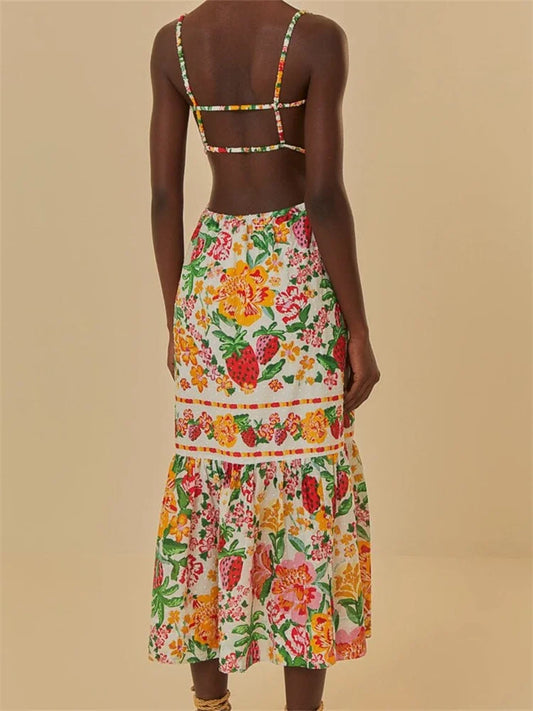 CHRONSTYLE Vintage Floral Print Long Maxi Dress for Women Sleeveless Strap Ruched Buttons Up High Waist Beach Dress Vestido 2024