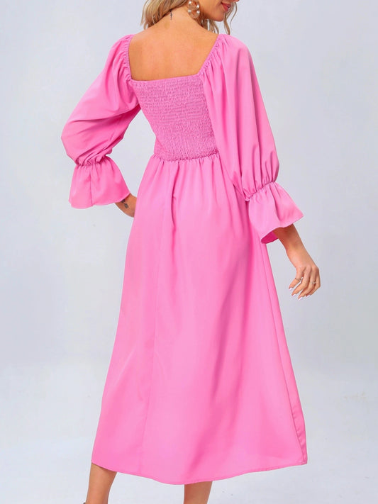 Shirred Solid Dress,Casual Lantern Sleeve Squared Neck Slim Waist Midi Dress, Women's Clothing