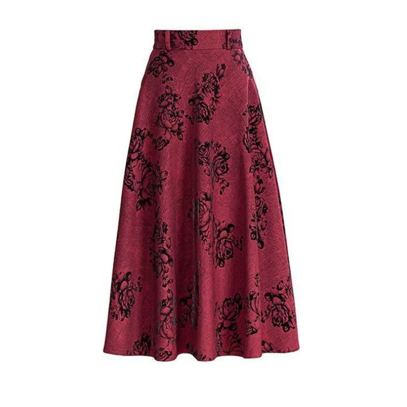 2024 Autumn New Retro Fashion Print Women's Folded Pocket Loose High Waist Elastic A-line Elegant Versatile Mid Length Skirts