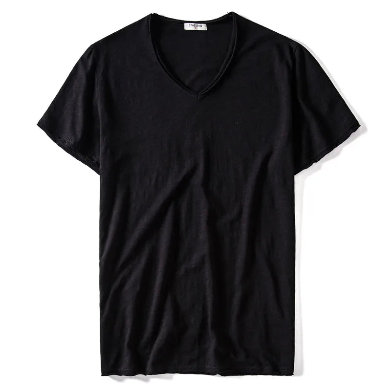 2021 New Summer V-neck T-shirt Men 100% Combed Cotton Solid Short Sleeve T Shirt Men Fitness Undershirt Male Tops Tees