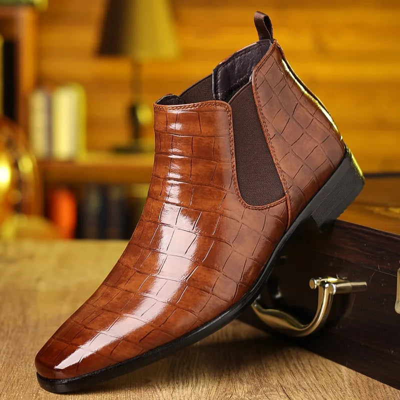 Big Size Stone Pattern Dress Shoes for Men Autumn Winter Soft-soled Men Leather Boots New Designer Platform Chelsea Boots Male
