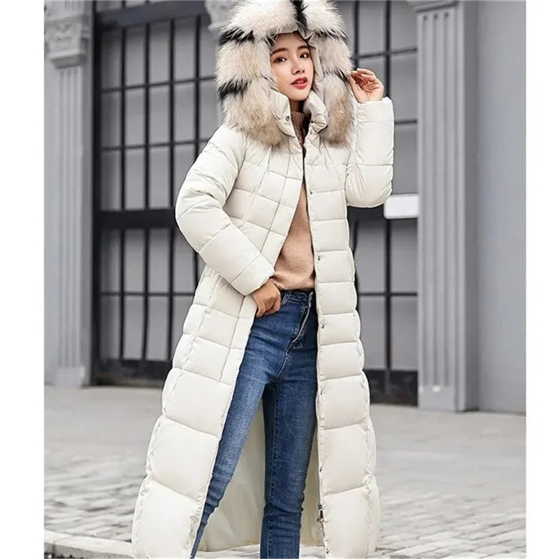 Women Parkas Fur Collar Hooded Cotton Padded Long Coat Jackets