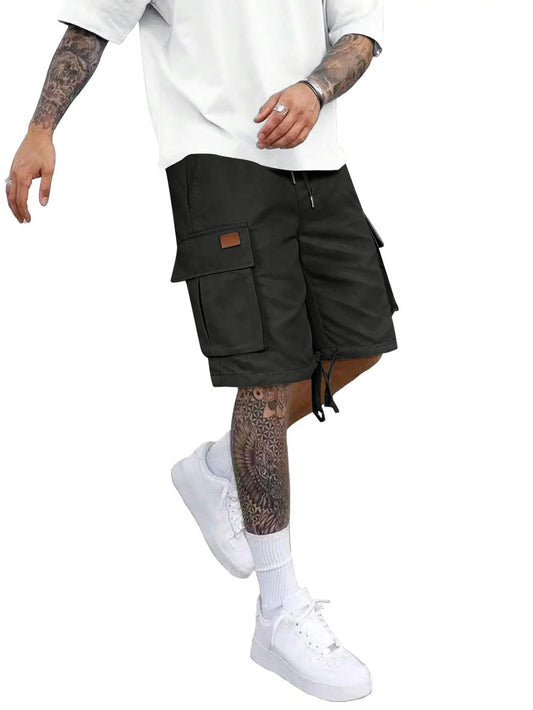 2025 Men's summer solid color casual elastic waist cargo shorts Loose multi-pocket fashion travel sports shorts