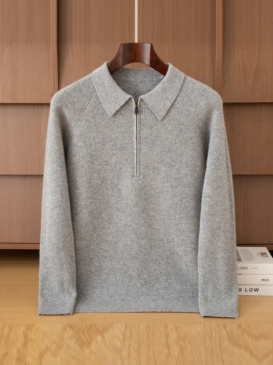 Luxury 100% Merino Wool Sweater for Men Half Zipper Polo Collar Pullover Autumn Winter Cashmere Thick Knitwear Smart Casual Top