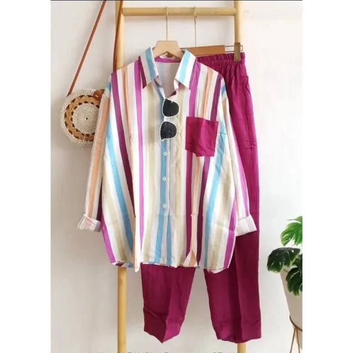 2024 Summer New Fashion Loose-Fit Slimming Casual Striped Two-Piece Suit Women's Comfortable Black Pink Red Short Skirt Set