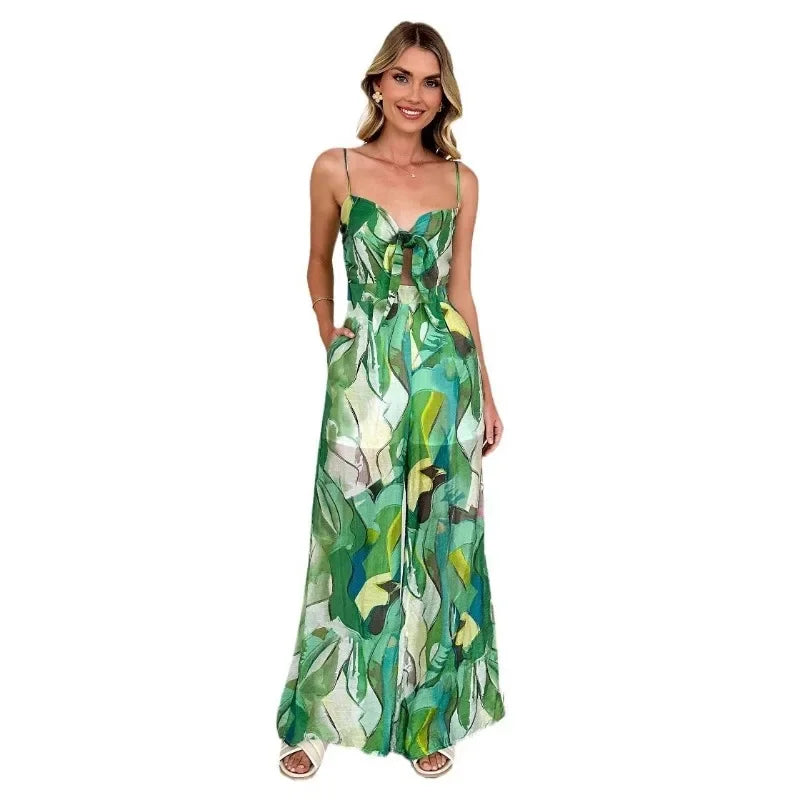 Women's Jumpsuit with Printed Suspender Straps, Bow Ties Flared Pants
