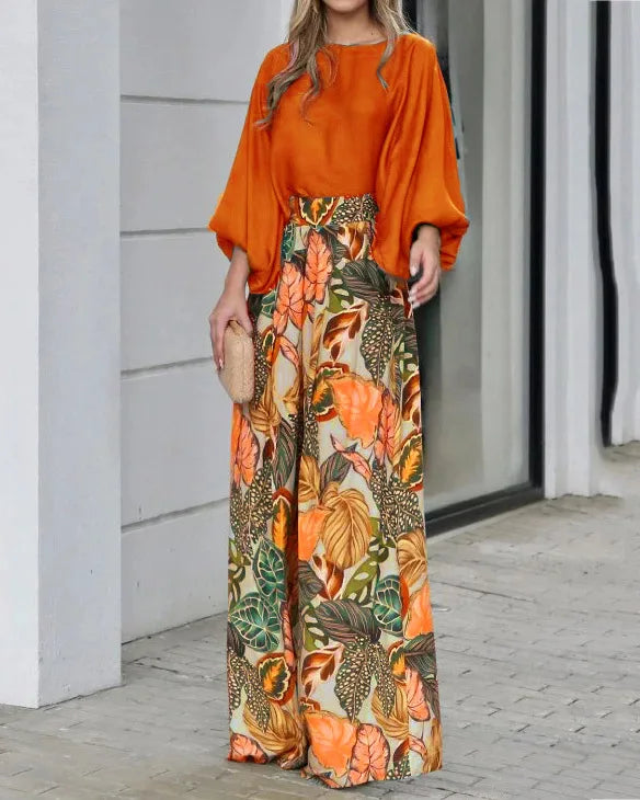 Women's Clothing Set Lantern Sleeves Loose Top Printed Wide Leg Pants Two Piece Set