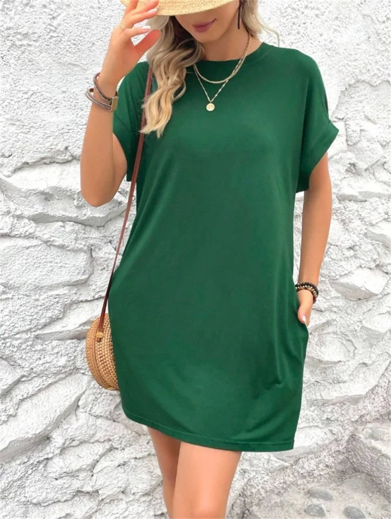 Fashion Solid Color Side Pocket Dresses Women Korean O Neck Pullover Dress Summer Female Comfortable Commuter Casual Short Gown