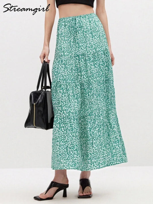 Women Floral Skirts Long Summer Cotton Tie Up Elastic Waist Loose Patchwork Maxi Skirt Flowers Spring Long Skirts For Women