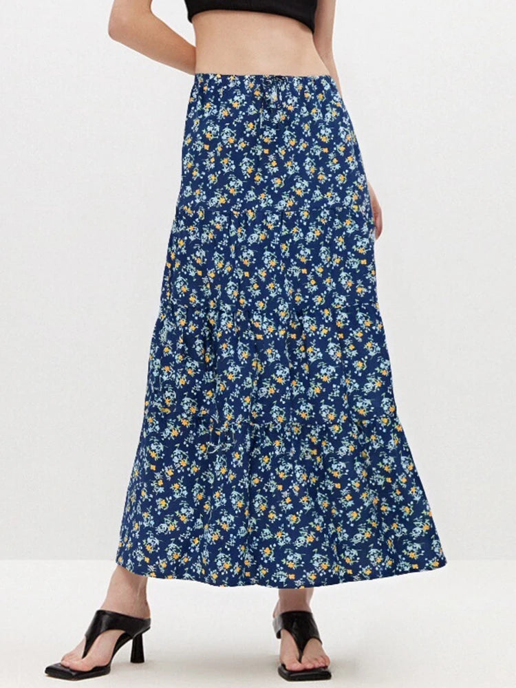 Women Floral Skirts Long Summer Cotton Tie Up Elastic Waist Loose Patchwork Maxi Skirt Flowers Spring Long Skirts For Women