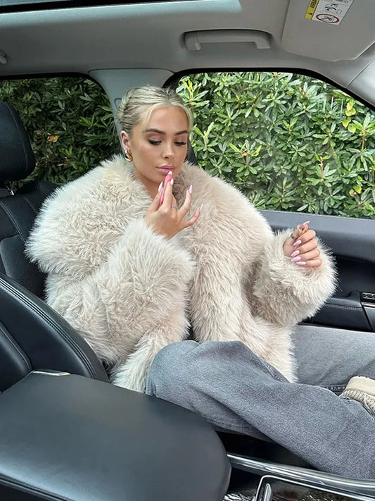 Women Oversized Turn Down Collar Fluffy Faux Fur Vintage Jacket Coats Winter Clothes