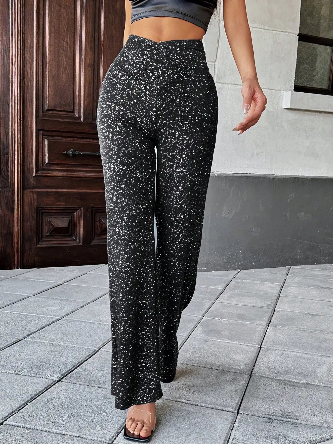 Elegant cross waist micro-flared legs knitted silver fabric black silver spring/summer women's pants