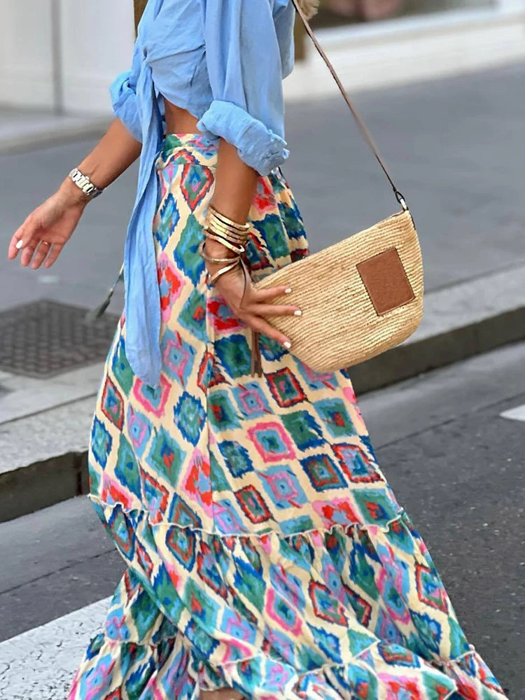 High Waist Patchwork Ruffles Print Skirt Summer Elegant Women Casual Long Skirt Femme Loose Floor-Length Maxi Skirt Dropshipping