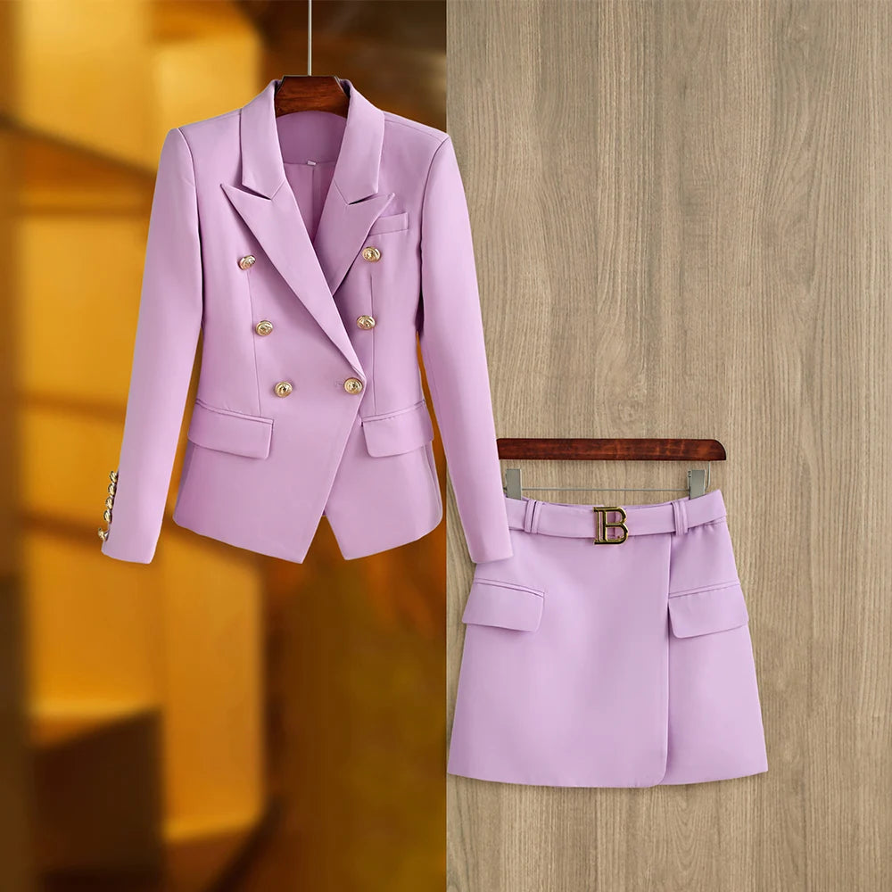 New Spring Autumn Fashion Women Twin Sets Fresh Lilac 2PCS Blazer Suits Elegant Slim Short Length with Belt