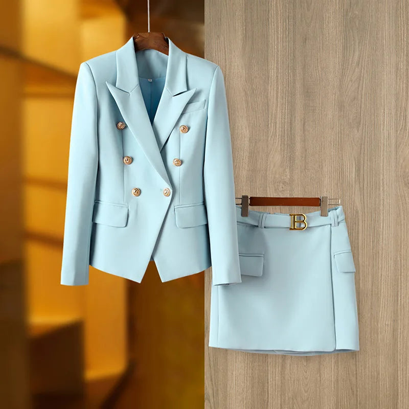 New Arrival Elegant Style Lady Office Work Suit Double-breasted Long Sleeve Fitted Blazer A-line Pencil Mini Skirt Women 2Pcs
